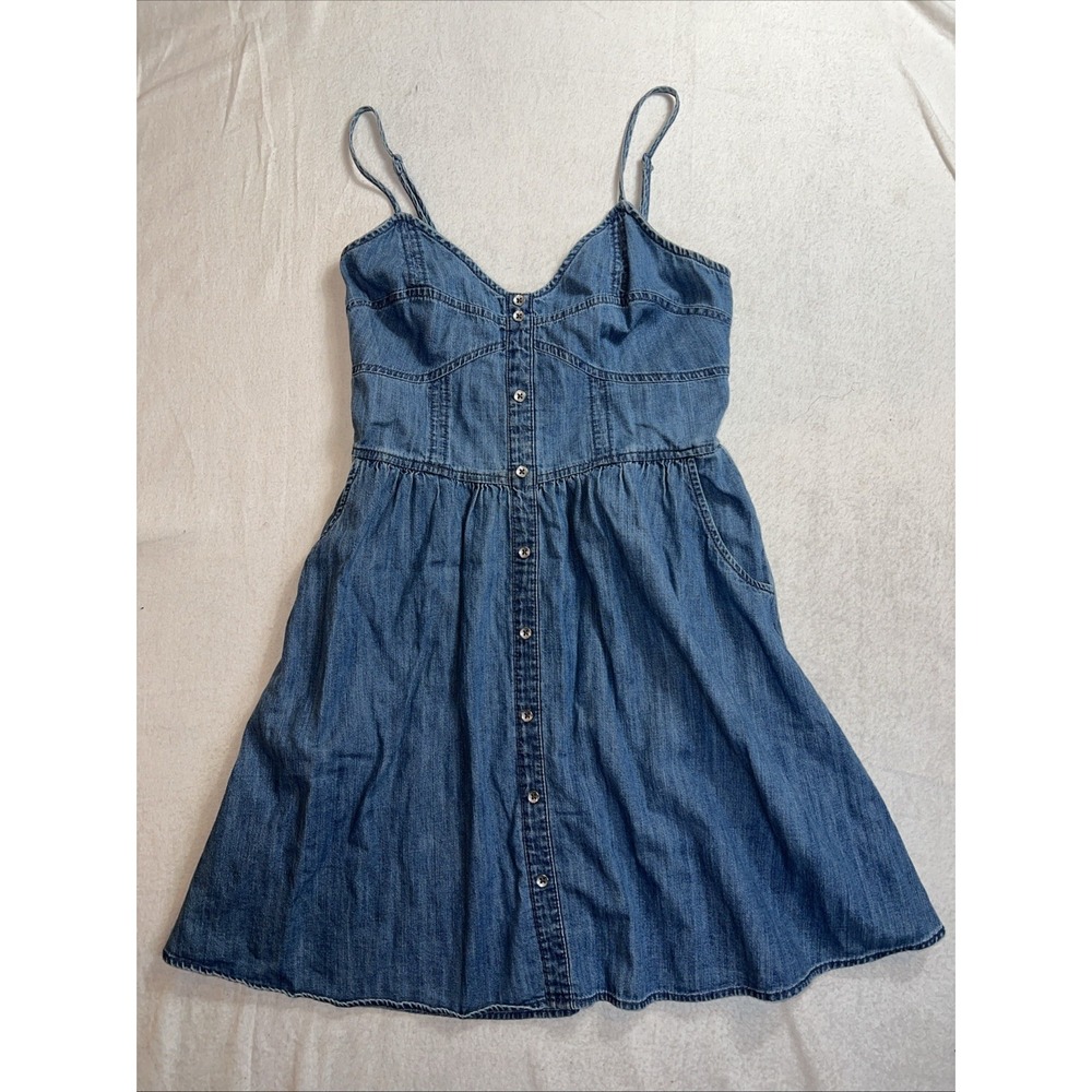 Y2K‎ Express Denim Strap Mini Dress XS Blue Vintage 90s 2000s Sundress Retro